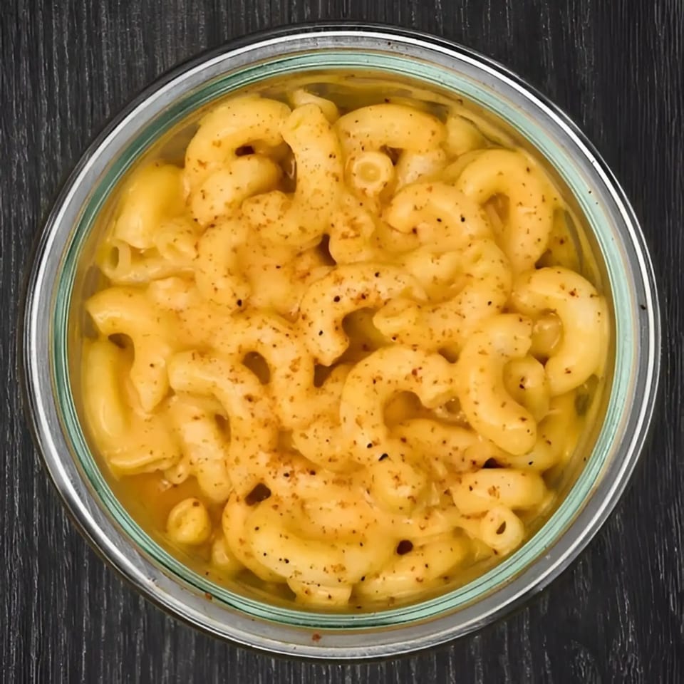Top-down view of Hangry JAJA's mac and cheese, seasoned with pepper, in a clear glass bowl.