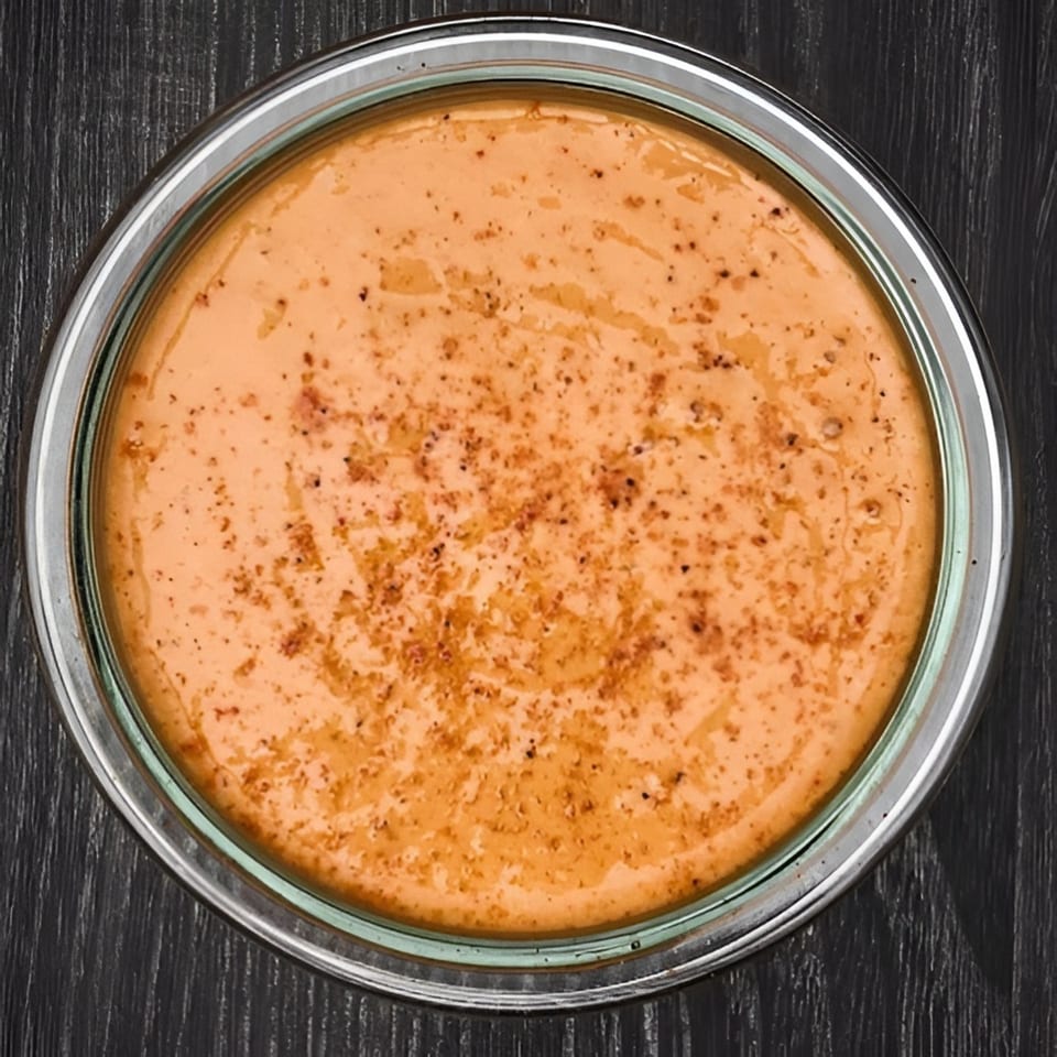 Overhead view of a round glass bowl filled with orange-colored sauce, speckled with dark spices.